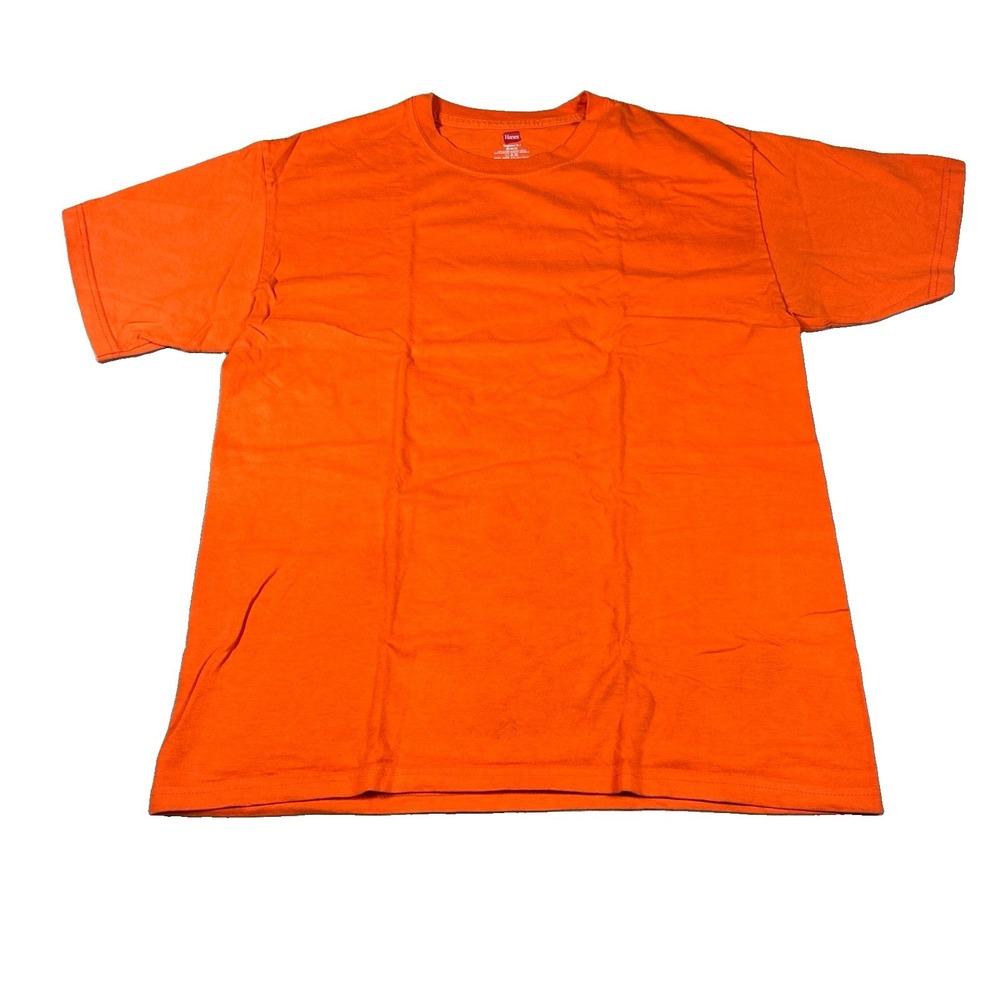 Hanes Mens T-Shirt Orange 100% Cotton Solid Crew Neck Short Sleeve Size Medium